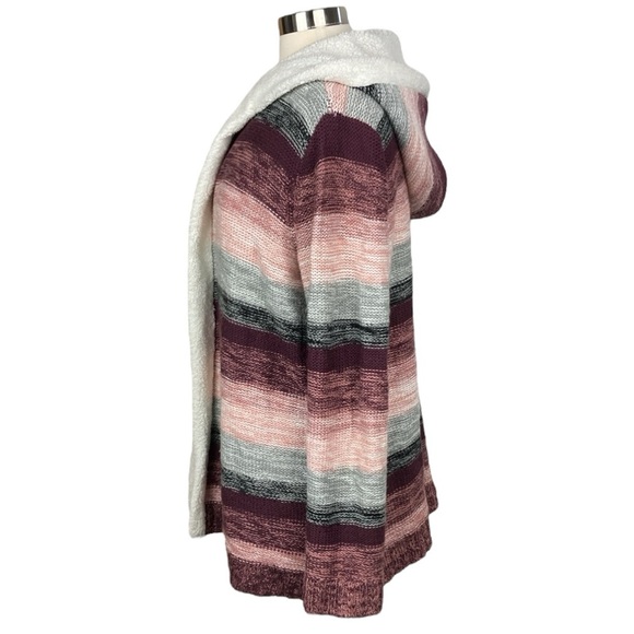 Long Pink Gray Knit Sherpa Hooded Cardigan, Size XL - Picture 4 of 15
